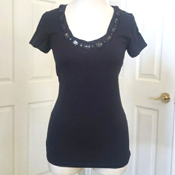 GARNET HILL Scoop Neck Top Short Sleeve Black Jewel Stone Embellished - Picture 3 of 8